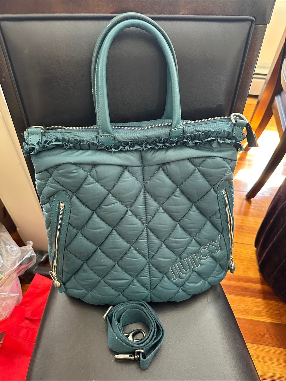 Juicy Couture Teal Quilted Ruffle Large Tote